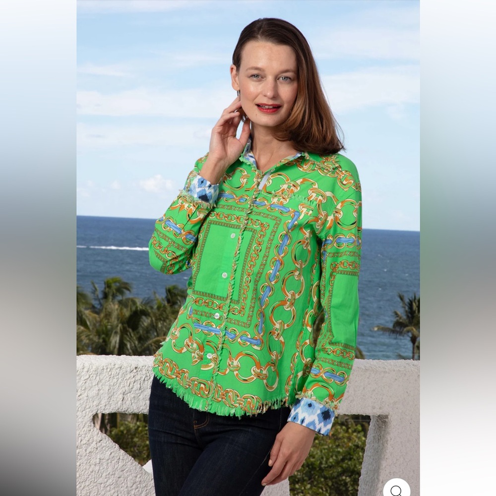 Connie‎ Roberson Cape Cod Tunic Green Blue Links Gold Chain Frayed Edges